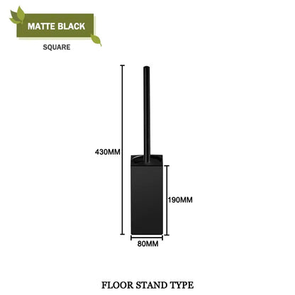 Matte black square floor stand toilet brush holder with sleek modern design in a modern square and round gold toilet brush set