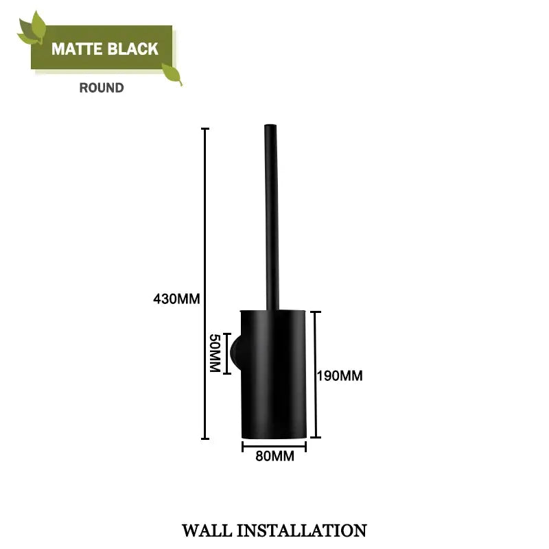 Matte black round toilet brush holder with sleek modern design for wall installation in a toilet brush set