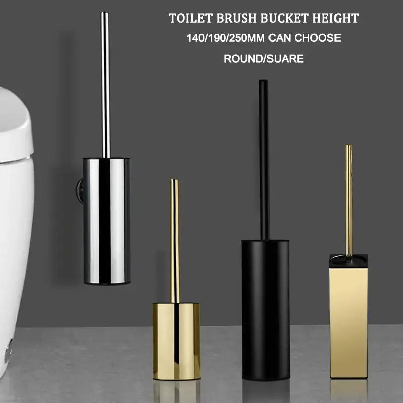 Modern square and round gold toilet brush set with sleek black and gold finishes and matching metallic handles for wall mount