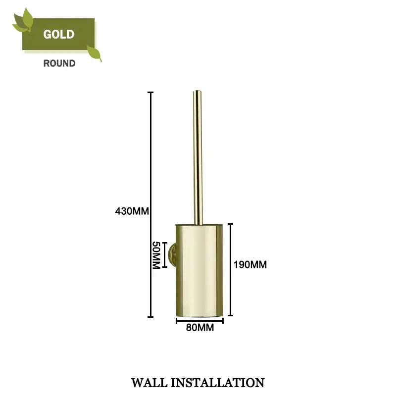 Modern round gold toilet brush set with wall-mounted holder featuring a sleek metallic finish and integrated bracket