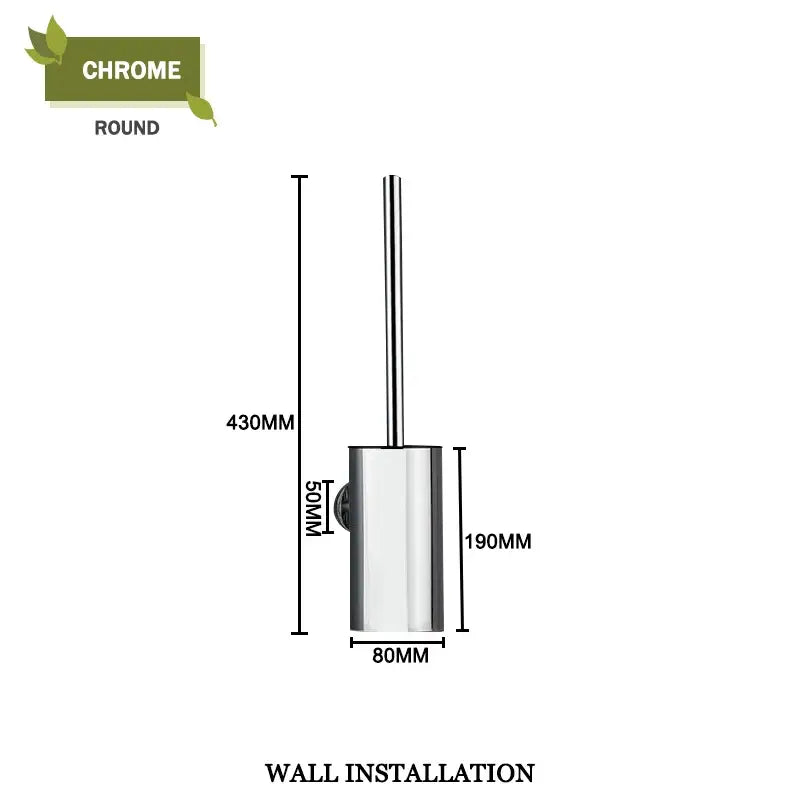 Modern round chrome toilet brush set with sleek cylindrical design and integrated wall mount for bathroom use