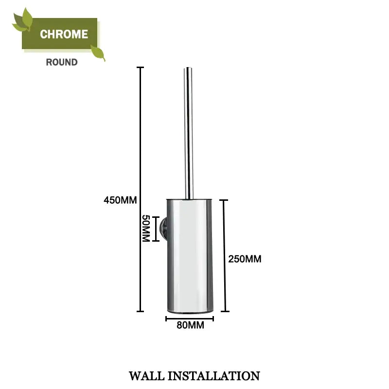 Chrome-finished round toilet brush holder with integrated wall-mounted bracket from modern gold toilet brush set