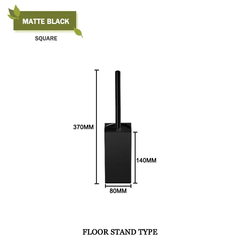 Matte black square floor stand toilet brush holder as part of a modern gold toilet brush set for bathroom use