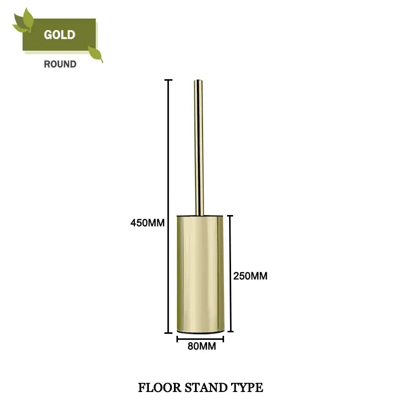 Modern gold toilet brush set with a round floor stand and sleek metallic finish for bathroom use