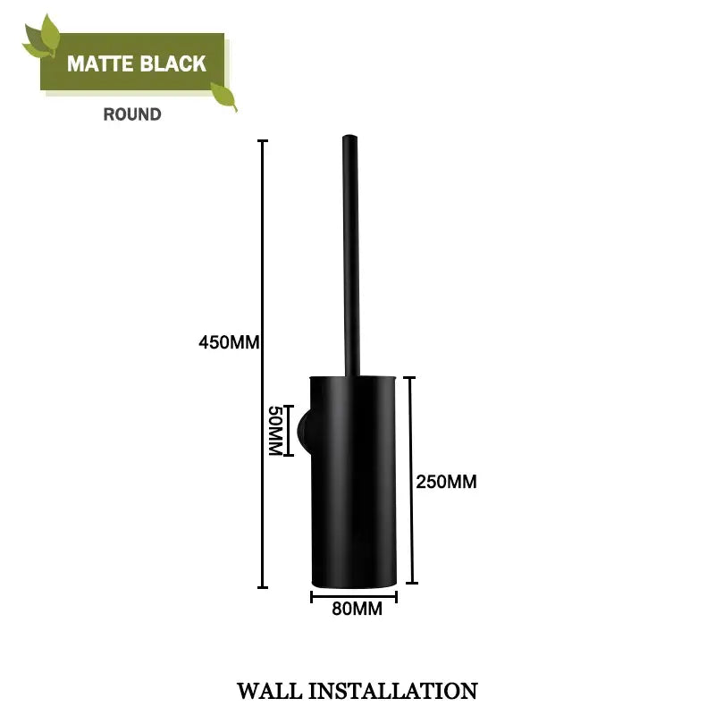 Matte black round wall-mounted toilet brush holder with integrated handle in modern gold toilet brush set bathroom brush set