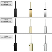 Modern square and round gold toilet brush set with black and silver holders for floor stand or wall installation
