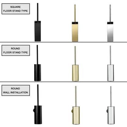 Modern square and round gold toilet brush set with black and silver holders for floor stand or wall installation