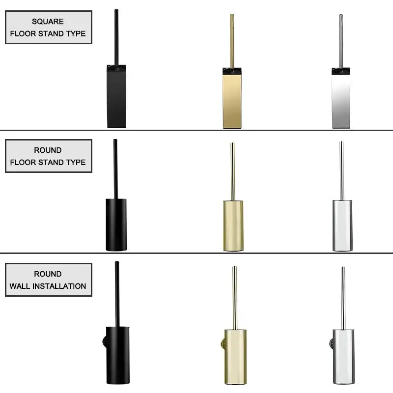 Modern square and round gold toilet brush set with black and silver holders for floor stand or wall installation