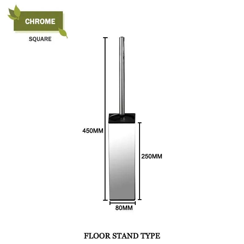 Modern square toilet brush set with chrome finish, sleek metallic design, and black base for bathroom floor use
