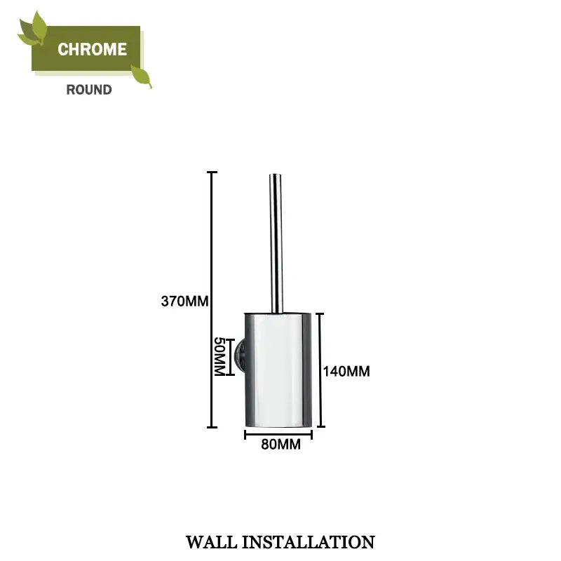 Modern round chrome toilet brush set with sleek cylindrical design and integrated wall-mounting bracket bathroom use