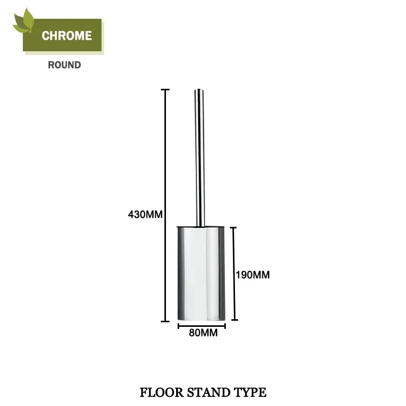 Modern round chrome floor stand toilet brush holder with measurement markings in a gold toilet brush set bathroom design