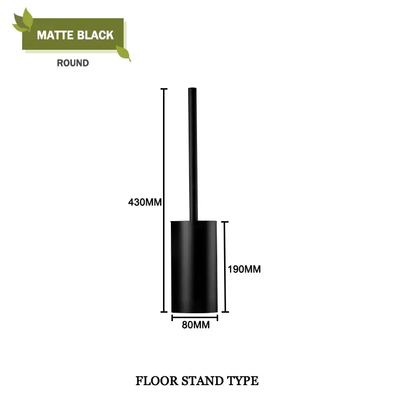 Matte black round floor stand toilet brush holder as part of a modern gold wall mount toilet brush set for bathroom use