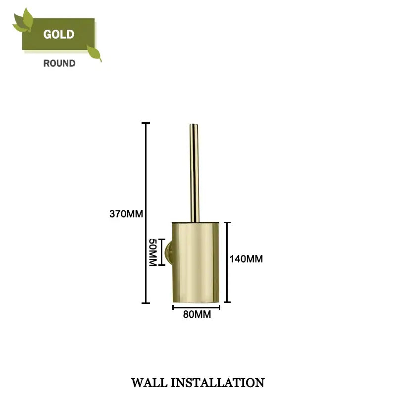 Gold round wall-mounted toilet brush holder with sleek cylindrical design and integrated bracket in modern brush set
