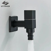 Modern square black brass wall mounted washing machine faucet with black matte finish and threaded hose connection