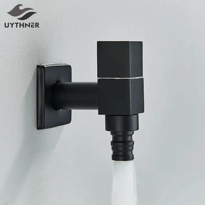 Modern square black brass wall mounted washing machine faucet with black matte finish and threaded hose connection