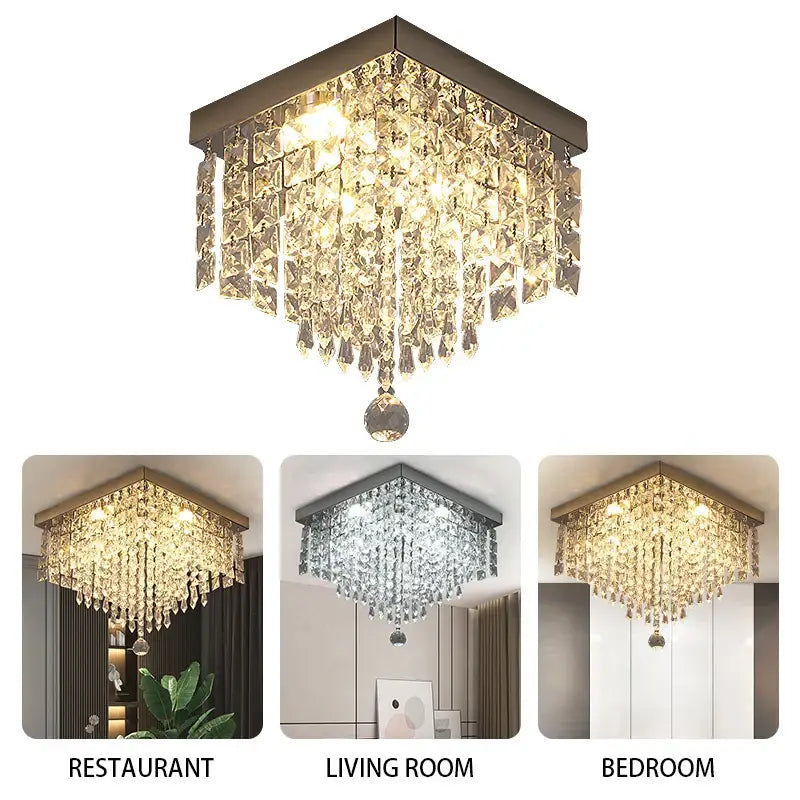 Modern square black crystal led chandelier ceiling lamp with dark metal frame and hanging faceted crystals decorbites crystal led