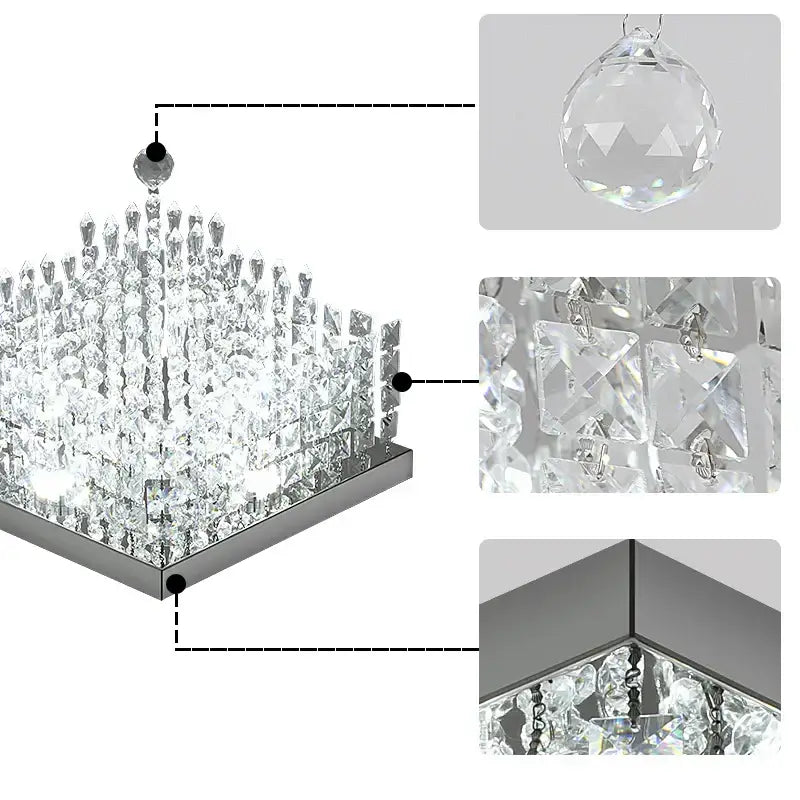 Modern square black crystal led chandelier ceiling lamp with sleek chrome frame and faceted prisms by decorbites crystal led