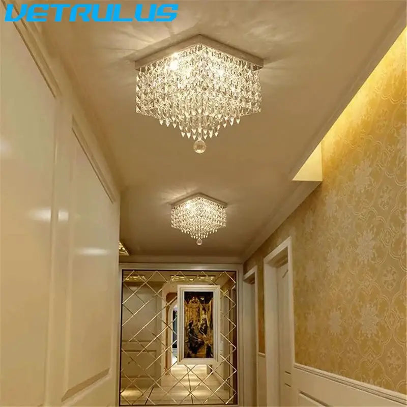 Modern square black crystal led chandelier ceiling lamp with silver-toned metal frame and hanging teardrop crystals decorbites crystal led
