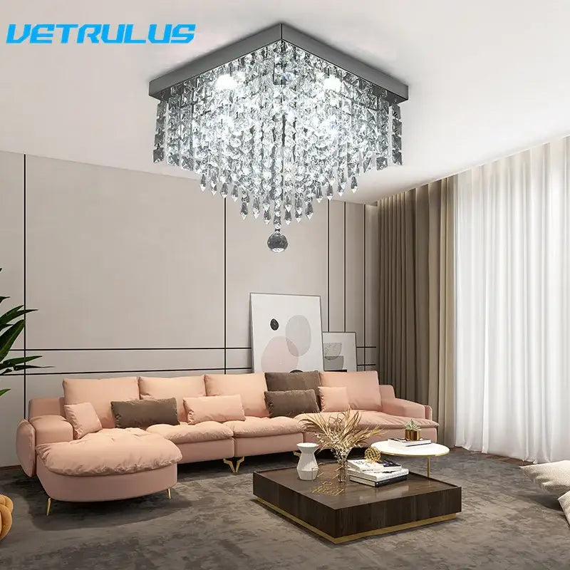 A modern square black crystal led chandelier ceiling lamp with clear crystals by vetrulus for dining room decorbites crystal led