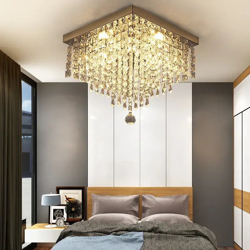 Modern square black crystal led chandelier ceiling lamp with metallic frame and faceted crystals for dining room decorbites crystal led