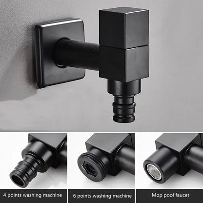 Modern square black wall mount washing machine tap with matte finish and three attachments for pool or garden use
