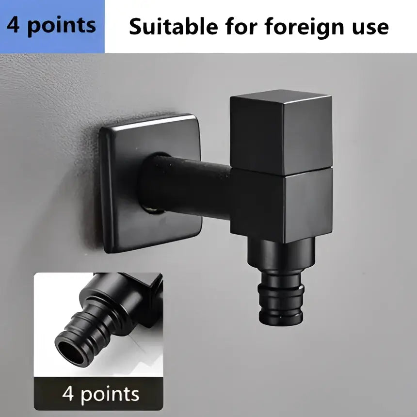 Modern square black wall mount washing machine tap with black matte finish and threaded hose connection by decorbites black wall