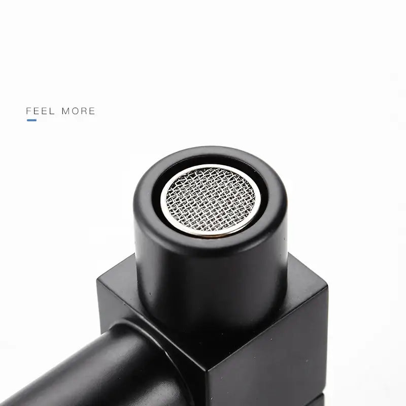 Modern square black wall mount washing machine tap with matte finish and circular mesh screen by decorbites black wall mount