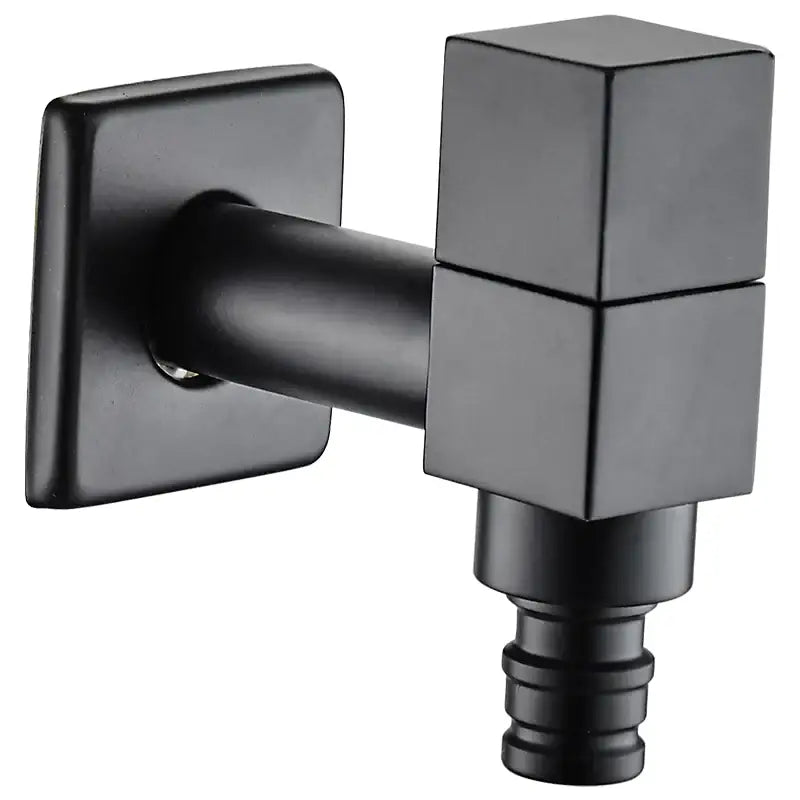 Modern square black wall mount washing machine tap with black matte finish and threaded hose connection for decorbites black wall use