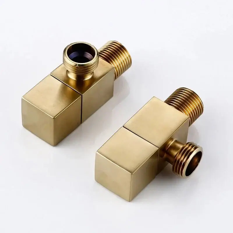 Brass black angle valve with square brass-finished design and threaded connections for modern bathroom water control