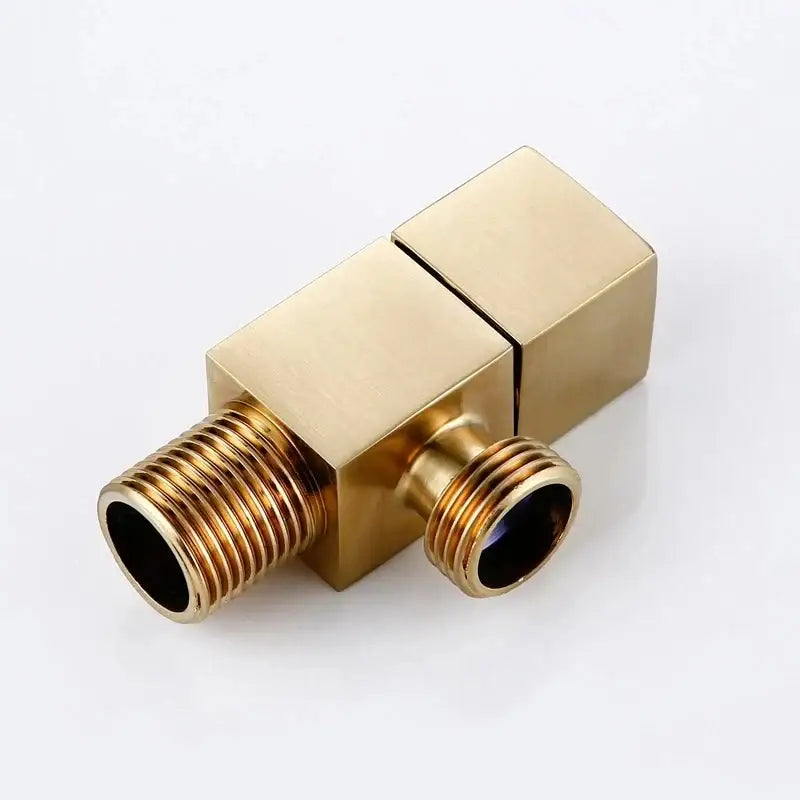 Modern square brass black angle valve in gold-colored brass with threaded connections for bathroom water control