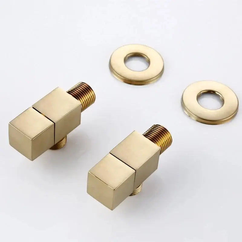 Modern square brass black angle valve with gold-colored brass valves and matching flat washers for bathroom water control