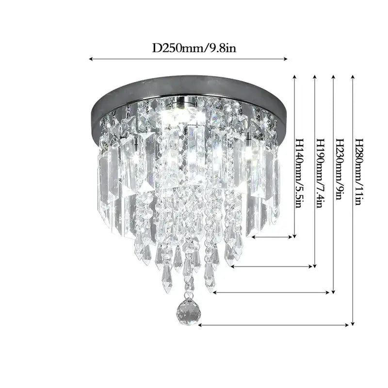 Modern square chrome crystal led ceiling chandelier with cascading clear prisms and dangling spherical pendant decorbites crystal led