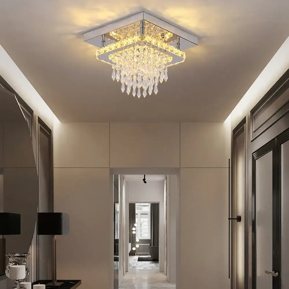 Modern square chrome crystal led ceiling chandelier with cascading clear teardrop crystals for living room decorbites crystal led