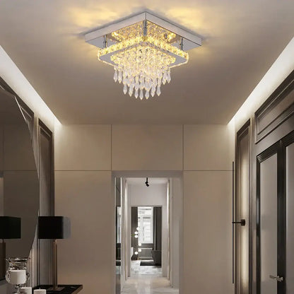 Modern square chrome crystal led ceiling chandelier with cascading clear teardrop crystals for living room decorbites crystal led