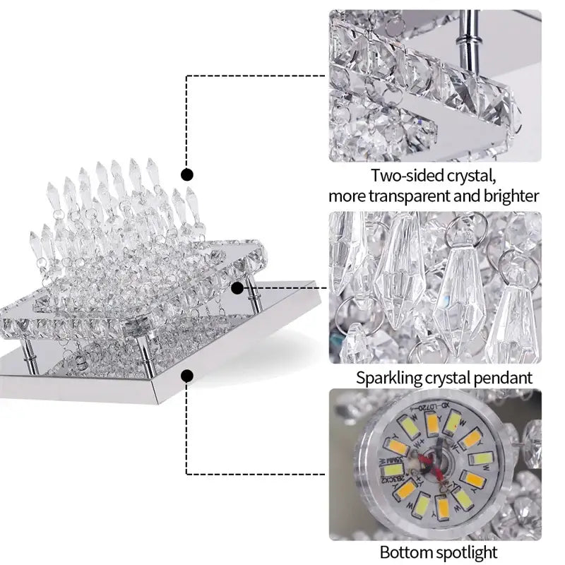 Modern square chrome crystal led ceiling chandelier with cascading faceted crystals and integrated led spotlight for living room decorbites crystal led