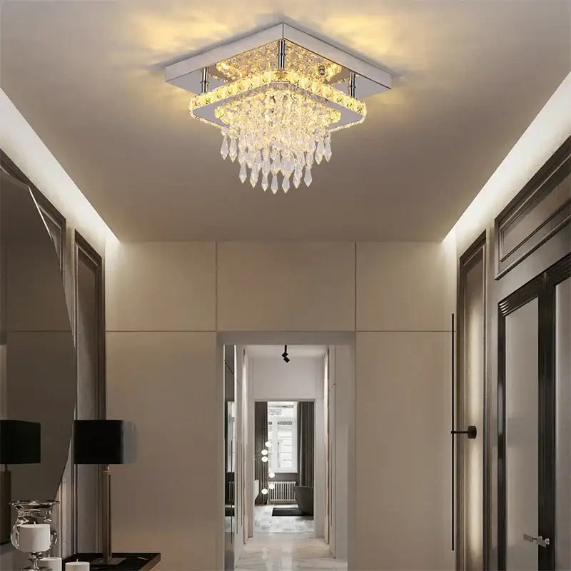 Modern square chrome crystal led ceiling light with metallic frame and clear crystals for bedroom chandelier