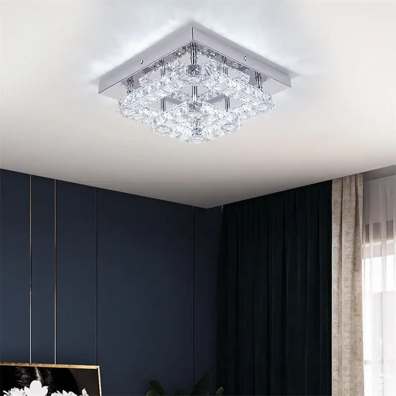 Modern square chrome crystal led ceiling light with layered faceted glass elements for bedroom chandelier