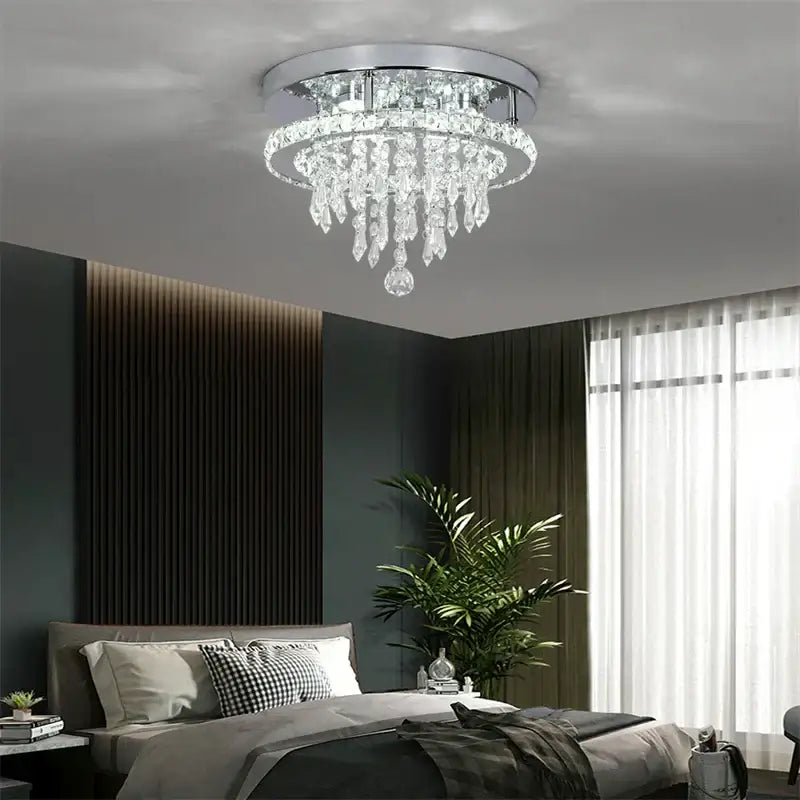 Modern square chrome crystal led ceiling light featuring a sleek base with cascading clear glass droplets for bedrooms