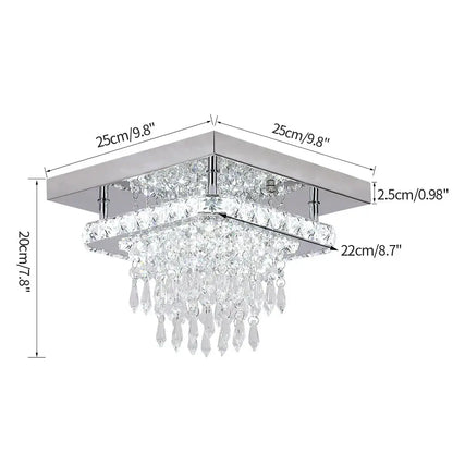 Modern square chrome crystal led ceiling light with teardrop crystals and a chrome-finished ceiling plate for bedroom use