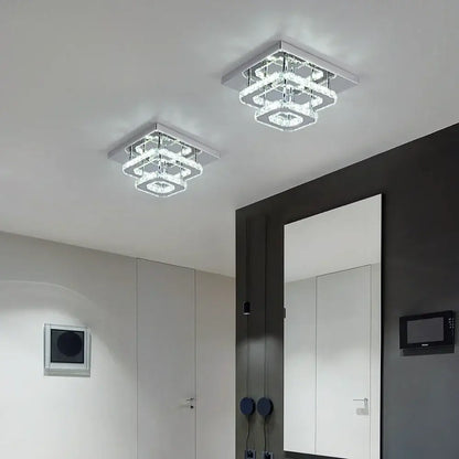 Modern square chrome ceiling light with layered crystal rings featuring crystal led ceiling design for bedroom chandelier