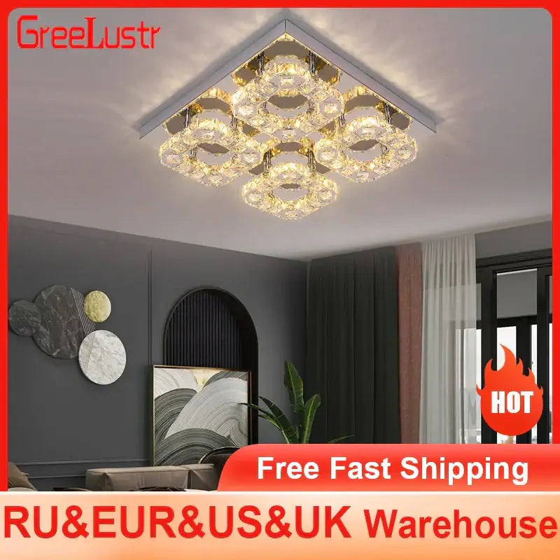 Modern square crystal led ceiling light with gold-toned metal frames and multiple tiers for living room use