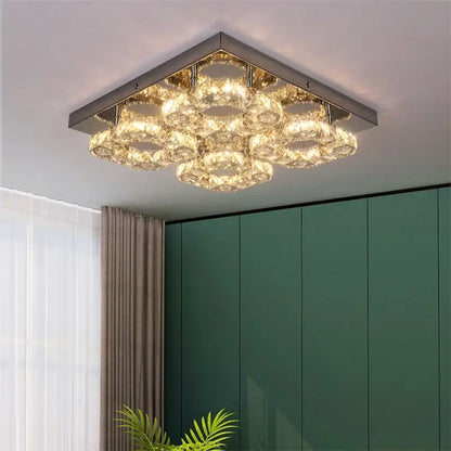 Modern square chrome led ceiling light with sleek frame and glowing crystal rings for living room dimmable lighting
