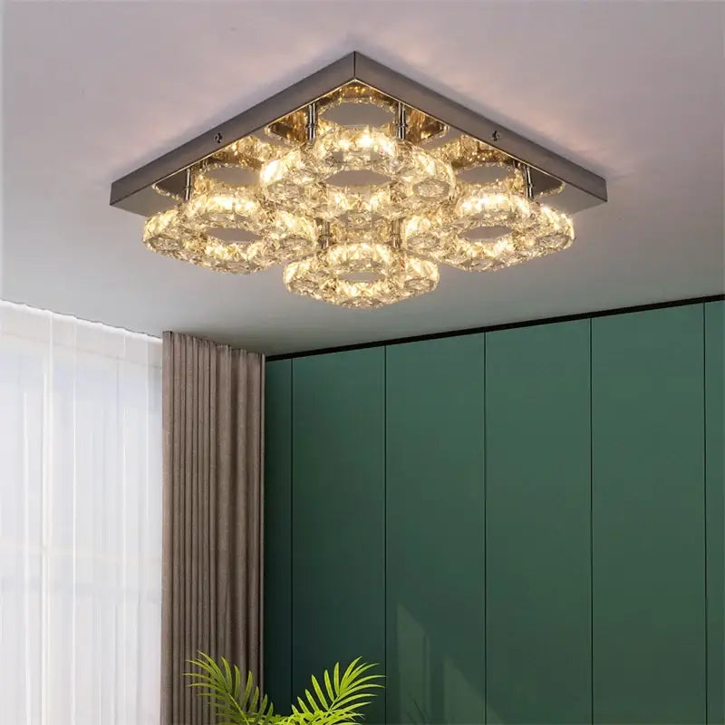 Modern square chrome led ceiling light with sleek frame and glowing crystal rings for living room dimmable lighting
