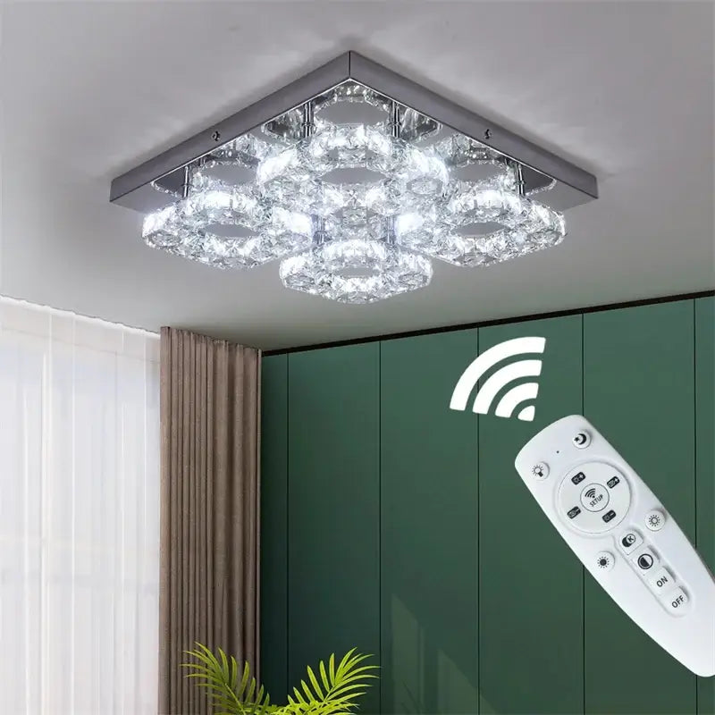 Modern square chrome led ceiling light featuring crystal rings for dimmable living room use