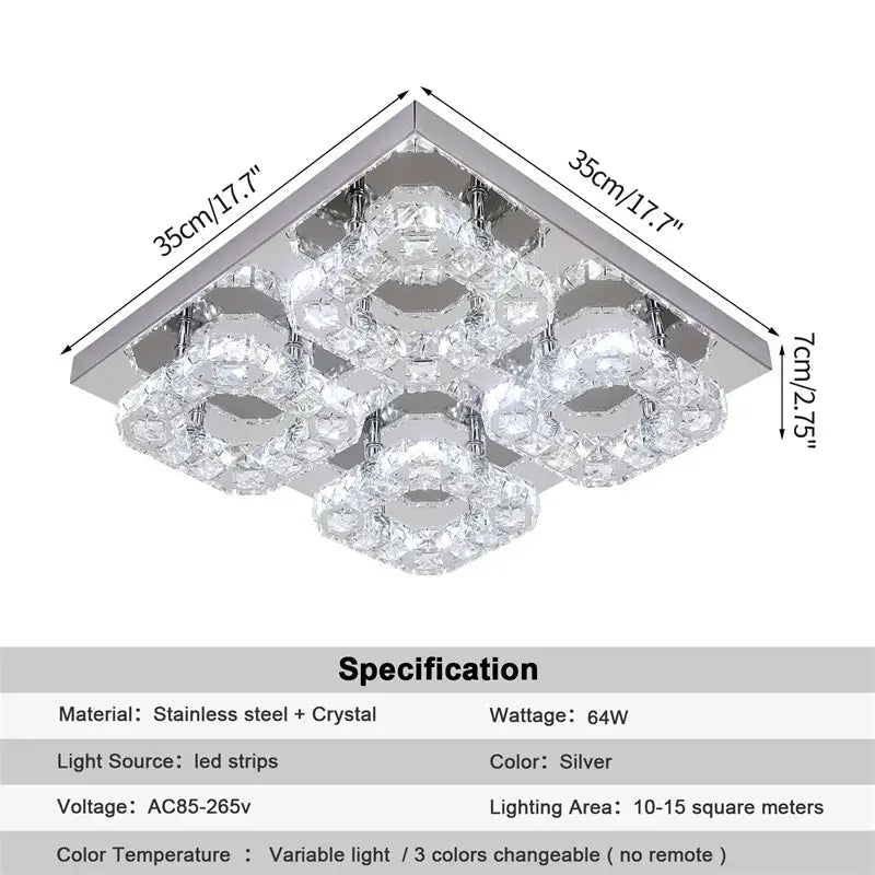 Modern square chrome crystal led ceiling light fixture with silver accents and dimmable led ceiling strips for living room