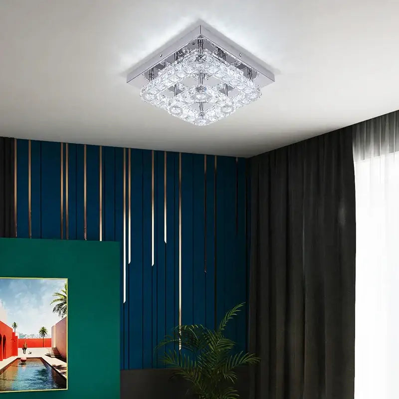 Modern square chrome crystal led ceiling light with tiered clear faceted crystals for living room dimmable led ceiling use