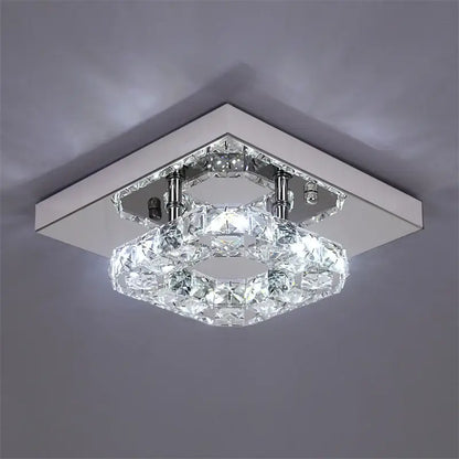 Modern square chrome crystal led ceiling light with two tiers of faceted crystals for living room dimmable use