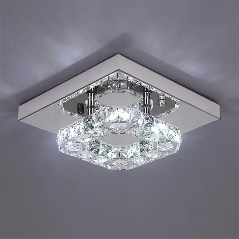 Modern square chrome crystal led ceiling light with two tiers of faceted crystals for living room dimmable use