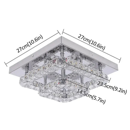 Modern square chrome crystal led ceiling light with multi-tiered clear faceted crystals and dimmable chrome accents