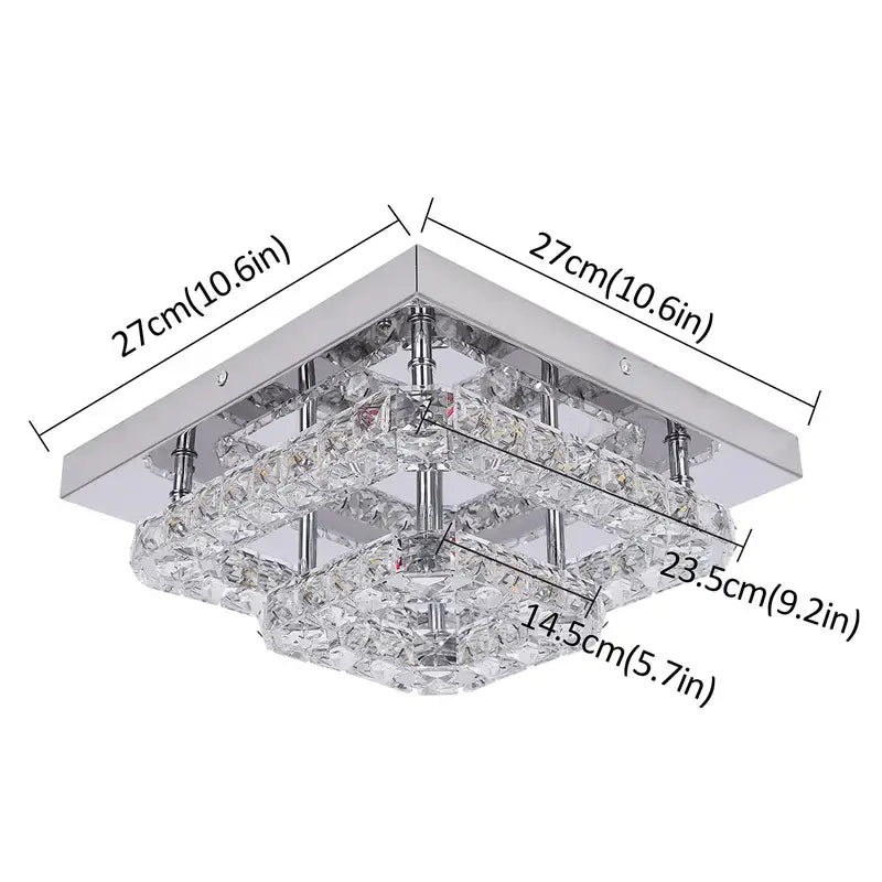 Modern square chrome crystal led ceiling light with multi-tiered clear faceted crystals and dimmable chrome accents